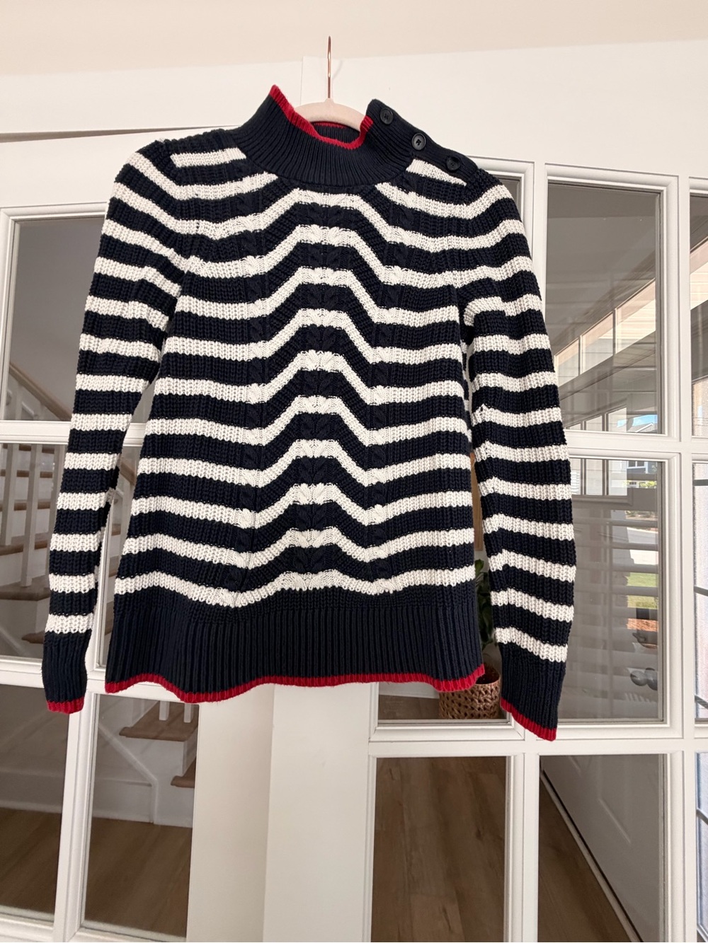 LOFT Striped Mock Neck Knit Sweater – Navy Cream Red – XS